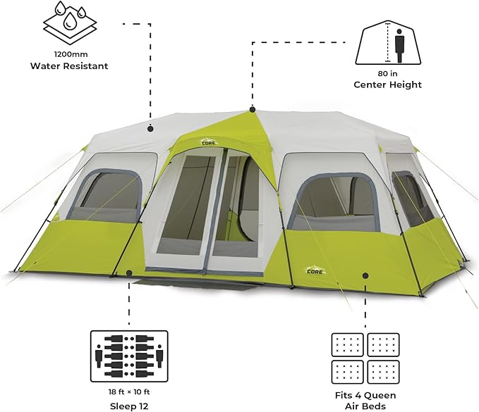 CORE Instant Cabin Tents | 6 Person / 9 Person / 10 Person / 12 Person Family Cabin Multi Room Pop Up Tents Car Camping | Included Storage Pockets for Camping Accessories