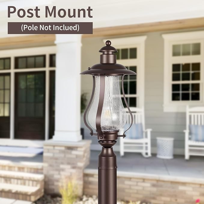 Treekee Outdoor Post Light Fixture Vintage Brown Pole Lantern with Wood Grain Glass Farmhouse Exterior Post Lamp with E26 Socket for Garden Pathway Patio Porch Courtyard Driveway Street