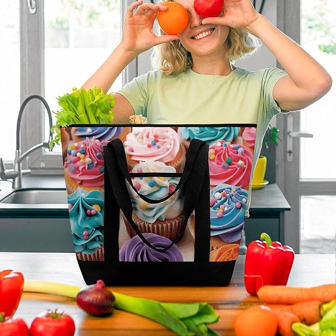 Insulated Shopping BagLarge Reusable Cooler Bags Birthday Cupcakes Printed Foldable Shopping BagTravel Waterproof Shoulder Bag