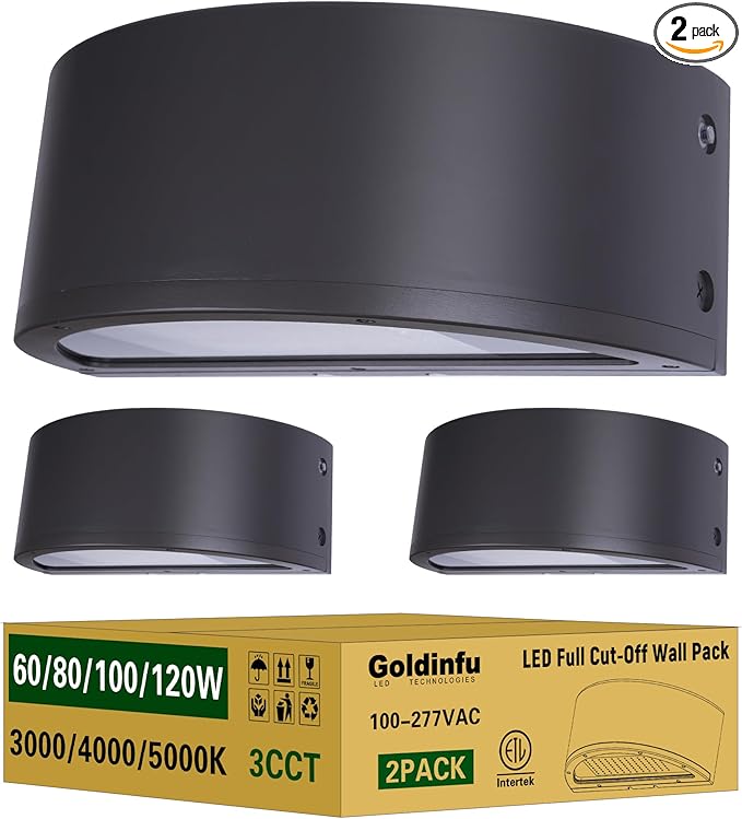 120W Full Cutoff LED Wall Pack Light 2Pack 3000/4000/5000K 3CCT 60/80/100/120W Selectable Commercial Half Moon Wall Pack Lights Outdoor LED Wall Lights for Building Parking100-277VETL Listed