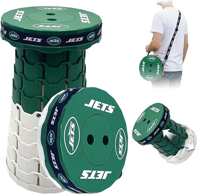 Sporticulture NFL New York Jets Telescoping Collapsible Stool 500lbs Max Weight Portable Adjustable Height Folding Camping Stool with Carry Strap Retractable Stadium Have A Seat Outdoor Sports Fan
