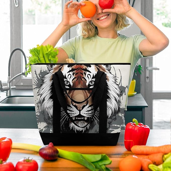 Insulated Shopping BagLarge Reusable Cooler Bags Black And White Doodle Tiger Printed Foldable Shopping BagTravel Waterproof Shoulder Bag