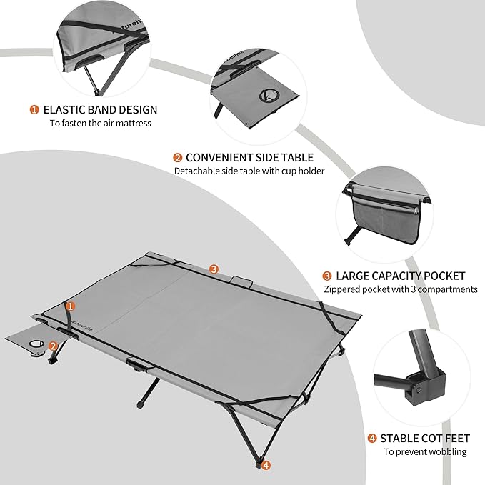 Naturehike Queen-Sized Airbed Cot Combo Folding 2 Person Camping Cot with Air Mattress Side Table and Wheeled Carry Bag Camping Bed for Outdoor Camp Guests (Pump Not Included)