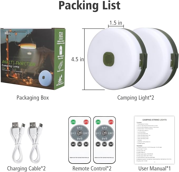 2PCS Camping String Lights 33ft 4 in 1 Rechargeable 100LED Outdoor Tent String Lights with 14 Lighting Modes Remote Control Waterproof with Timer Function for Camping Gear Essentials Hiking Garden