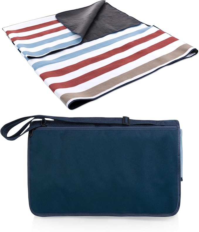 Picnic TIME Blanket Tote XL Outdoor Picnic Blanket 70x80 Foldable Beach Mat with Soft Fleece Top Water-Resistant Backing Carry Strap &amp Pocket Portable Blanket for 4-5 People (Coastal Stripe)