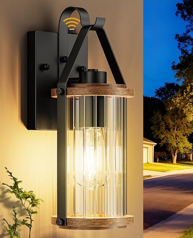 Dusk to Dawn Outdoor Light Front Porch Light Waterproof Exterior Lighting Fixtures Wood Effect Glass Modern Outside Light for House Patio Yard Garage Black 1 Pack