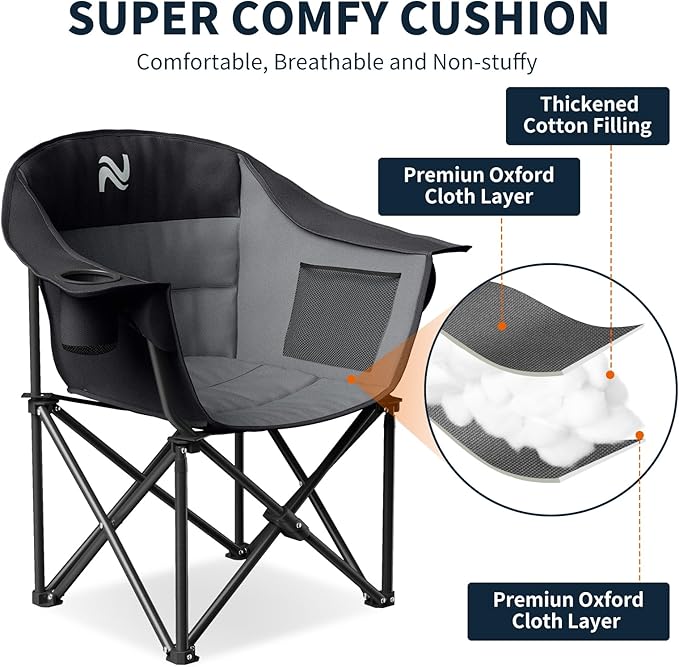 NAIZEA Padded Camping Chair Outdoor Folding Chair Portable Heavy Duty Arm Chairs with Side Pockets Cup Holder for Beach Lawn Picnic Fishing Backpacking