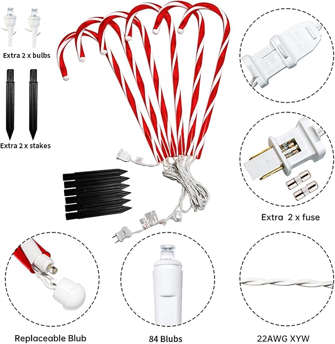 Christmas Candy Cane Lights - 16 inch Set of 12 Pcs Christmas Candy Cane Pathway Markers Lights Outdoor Walkway Lighting with Stakes for Yard Lawn Sidewalk Driveway 20 Feet