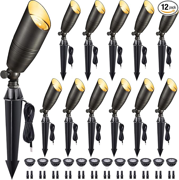 Gardenreet Die-Cast Brass Spot Light Outdoor - 12V LED Uplighting Waterproof Low Voltage Landscape Lights Direct Wire Bronze for Fence Fountain with Daytime White MR16 Replaceable Bulbs (12 Pack)