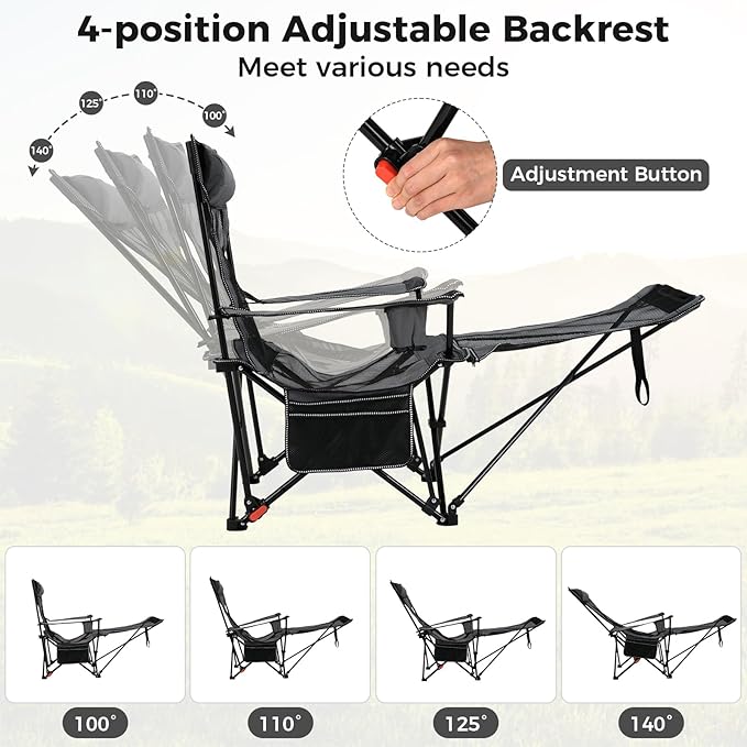Goplus Camping Lounge Chair w/Detachable Footrest Folding Beach Chair w/4-position Backrest Carrying Bag Removable Pillow Cup Holder Storage Pouch Reclining Chair 330LBS Capacity (Grey1)