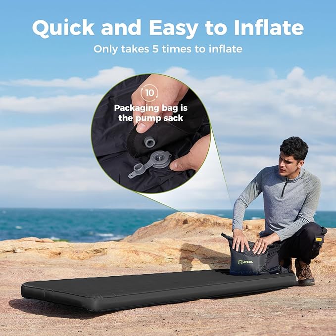 ATEPA ThermAir Pro Backpacking Inflatable Sleeping Pad 6.6 R-Value Insulated Ultralight Portable Camping Pad Thick Camping Mat for Camping Backpacking Tent Wide Long Size 78x27 Black