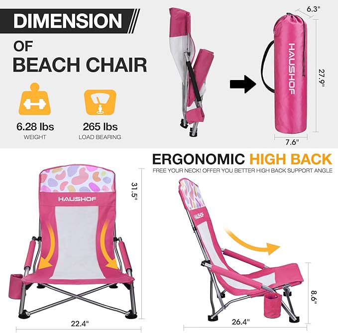 HAUSHOF High Back Beach Chair Mesh Back Folding Chair Lightweight Low Seat Camping Chairs with Cup Holder Carry Bag Padded Armrest for Outdoor Beach Lawn Camping Picnic Festival