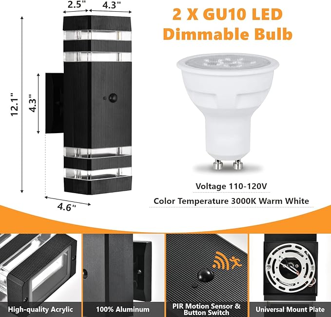 DASTOR Motion Sensor Outdoor Wall Lights 2 Pack Dusk to Dawn Outdoor Lighting 2-Layer Exterior Porch Light Fixtures Up and Down Outside Lights for House Garage
