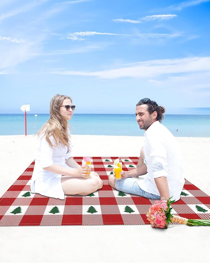 Beach Blanket Waterproof Sandproof OversizedMerry Christmas Green Trees Seamless Beach Mat with Corner Stakes Sand PocketsRed Buffalo Plaid Outdoor Picnic Mat for Travel Camping Hiking 83x79In