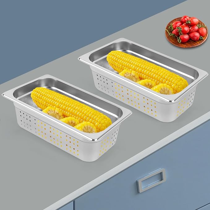 2 Pcs Filtering Pans 6.34Qt Anti-Jam Perforated Pan Stainless Steel Steam Pan Filter BasketCommercial Hotel Pan Catering Food PansDishwasher/Oven/Freezer Safe