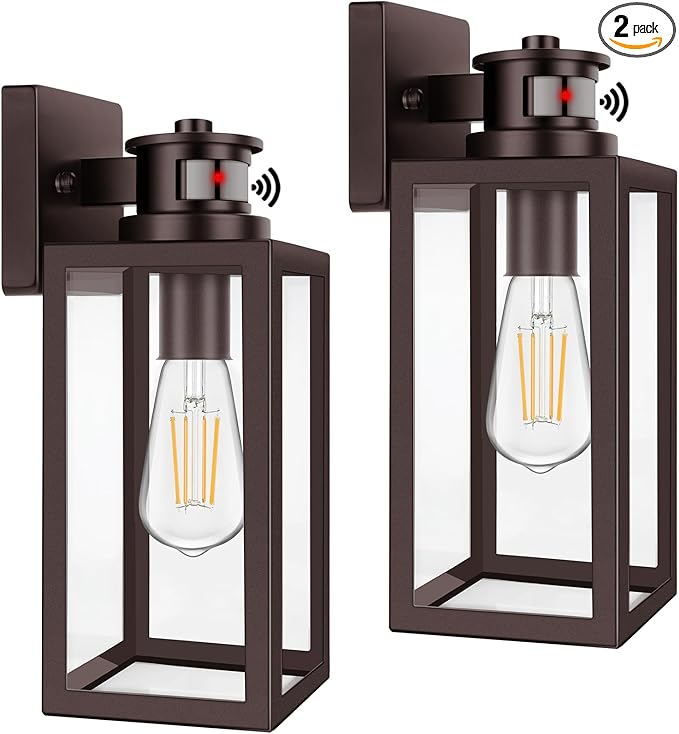 TOBUSA 2-Pack Motion Sensor Outdoor Wall Lights Waterproof Dusk to Dawn Exterior Wall Light Fixtures Modern Brown Outside Porch Lights for House Garage Motion Sensor Wall Lanterns with Clear Glass