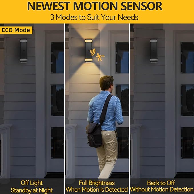 SHIMR Motion Sensor Outdoor Wall Lights 2 Pack Modern Dusk to Dawn Up Down Sconce with 3 Modes WaterprExterior Lighting Fixtures for Porch Garage Patio 3000K LED Bulb Included Black Finish
