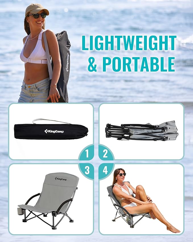 KingCamp Low Beach Chair High Back Folding Camping Chair for Adults Oversized Breathable Mesh Seat 300lbs Heavy Duty Portable Chair with Cup Holder &amp Storage Pockets for Beach Outdoor