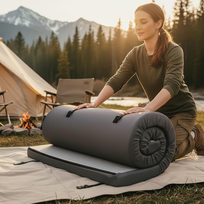Waterproof Multi-Purpose Camping Mattress (26x72/30x75/38x75) Roll-Up Pad with Non-Slip Bottom Washable Zipper Cover – Medium-Firm CertiPUR Foam for Tent Floor RV Bunk or Guest Use