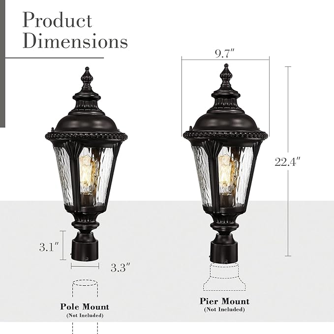 Emliviar 22.4 Inch Modern Exterior Post Lantern with Water Ripple Glass Oil Rubbed Bronze Lamp Post Outdoor Lighting E26 Base 60W Max XE265P-M ORB-SW