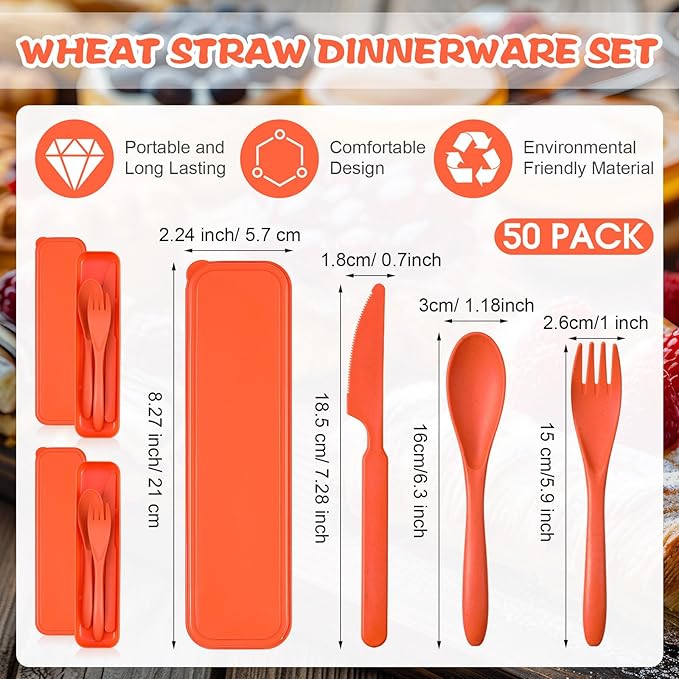 Jinei 50 Sets Reusable Travel Utensils Set with Case Wheat Straw Cutlery Portable Spoon Knife Forks Lunch Box Accessories Friendly Tableware for Kids Adults Camping Utensils(Orange)