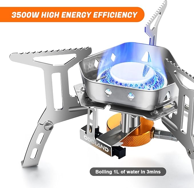 Odoland 3500W/6800W Windproof Camp Stove Camping Gas Stove with Windscreen Fuel Canister Adapter Piezo Ignition for Outdoor Backpacking Hiking and Picnic