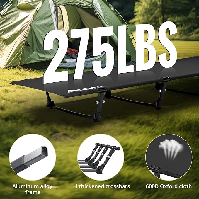 Anbte Ultralight Camping Cot Save Effort Comfortable Camping Bed Supports 350 Lbs with Side Pocket &amp Folding Camping Table Aluminum 24 x 16 Adjustable Height