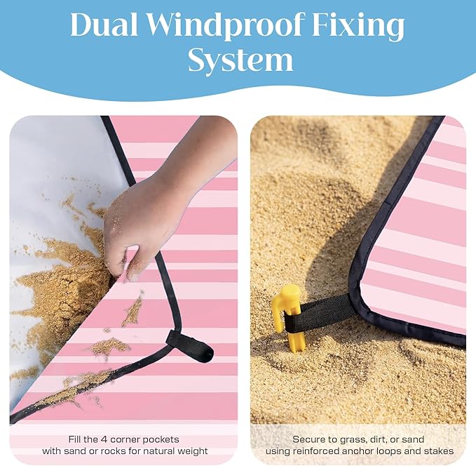 OIGAE Oversized Beach Blanket 9×10 ft Sand-Free Outdoor Mat for Groups Quick-Dry Picnic Blanket with Stakes &amp Corner Pockets Pink Stripe