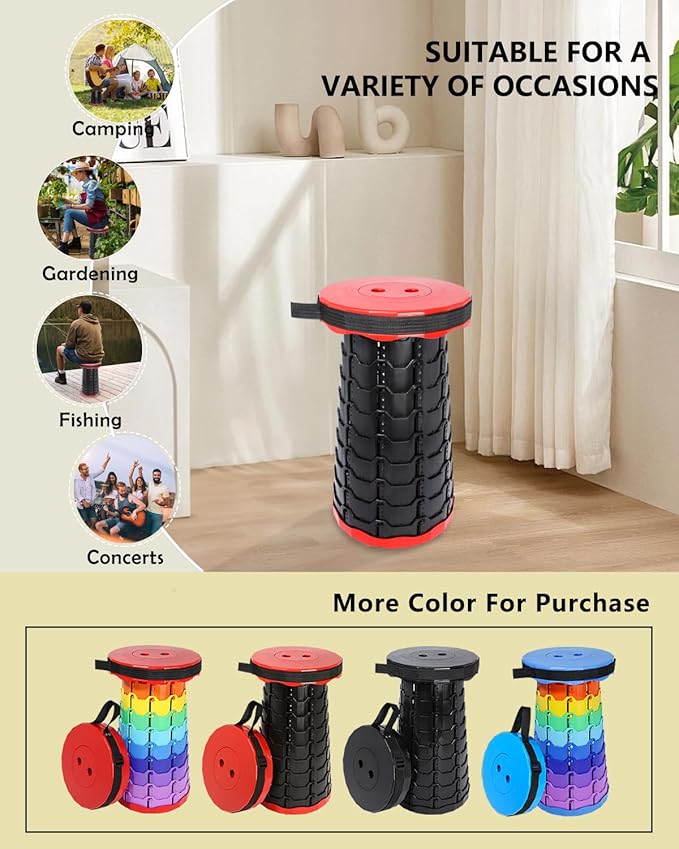 Upgraded Foldable Collapsible Stool 400LBS - Portable Adjustable Height Folding Seat for Outdoor Camping Hiking BBQ Gatherings (Black and Red)