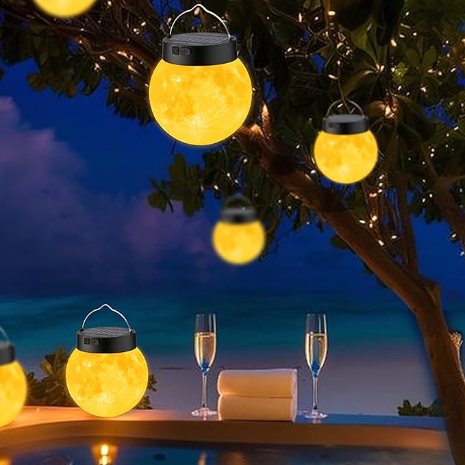 Solar Powered Garden Moon Lights 2 Pack 3D Moon Surface Printing Globe Light with Warm White LED LightsWaterproof Outdoor for LawnPatioYardCampingChristmas Lights Decor
