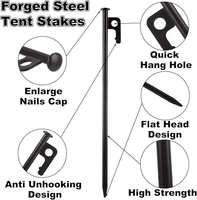 CYEAH 24 Pcs Tent Stakes Heavy Duty 12 inch Steel Tent Pegs Forged Steel Tent Stakes Heavy Duty Metal Tent Pegs for Camping Metal Stakes for Tent Used on Rocks Snowfield and Grassland