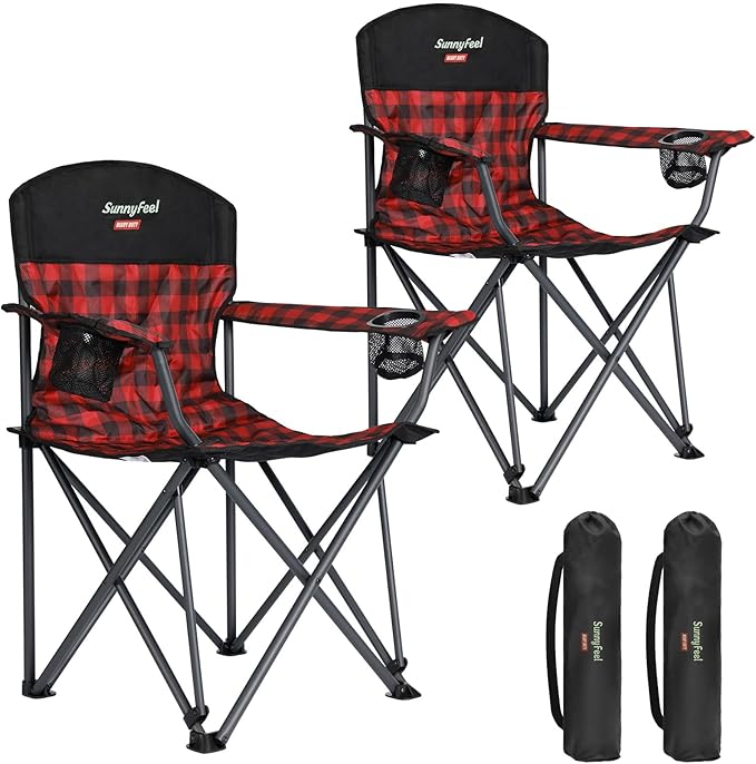SUNNYFEEL Oversized Folding Camping Chair 2 Pack 800 LBS Heavy Duty for Big Tall People Red Padded Portable Collapsible Chairs with Armrest Cup Holder &amp Pocket for Outdoor Travel Picnic Camp Sport