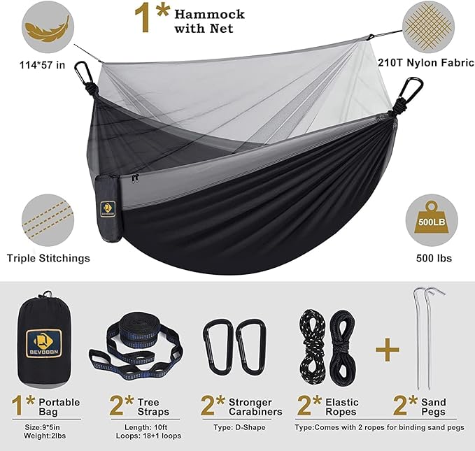 Camping Hammock with NetPortable Lightweight Double Hammocks with Tree Straps and Solid D-Shape CarabinersParachute Nylon Hammock for Backpacking Beach Backyard Patio Hiking Black&ampGrey