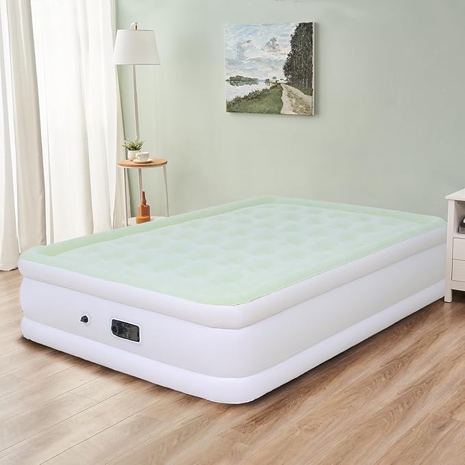 Queen Size Air Mattress with Built-in Pump Inflatable Bed Blow Up Mattress 18in Green White