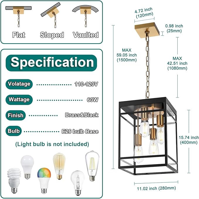 Large Outdoor Pendant Light Fixture for Porch Black Brass Outdoor Hanging Lantern Pendant Light with Clear Glass 4 Lights Exterior Porch Chandelier for Outside PatioFront DoorEnterway