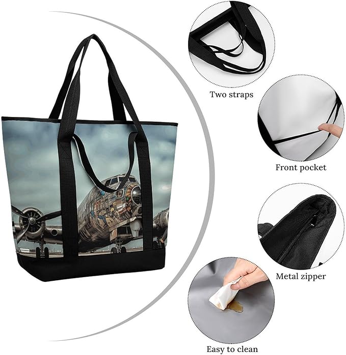 Insulated Shopping BagLarge Reusable Cooler Bags Airplane Art Printed Foldable Shopping BagTravel Waterproof Shoulder Bag