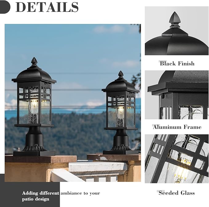 Emliviar Farmhouse Outdoor Post Light 16 Exterior Post Lamp for Patio Porch with Seeded Glass Black Finish DE279P BK