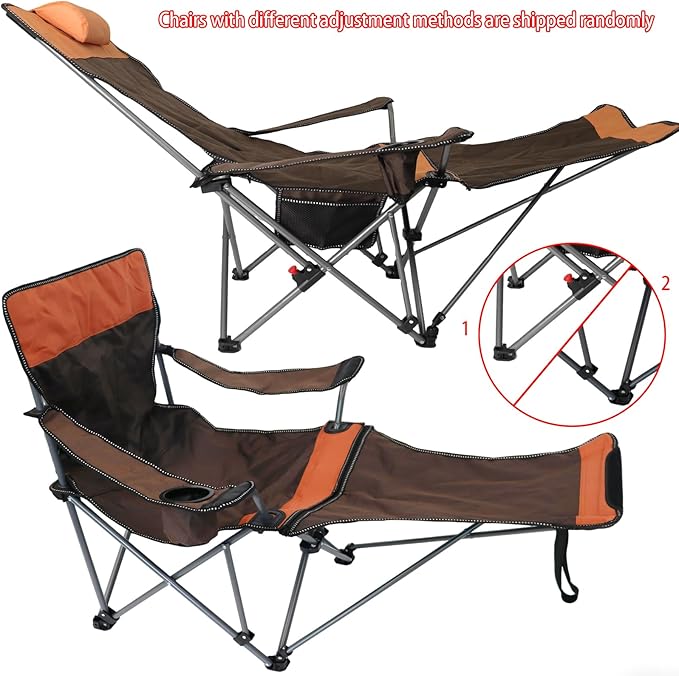 Camping Lounge Chair with Headrest Footrest and Storage Bag Portable Folding Reclining Camping Chair with Foot Rest for Adults Outdoor Camping Beach Hiking Fishing (Orange Brown)