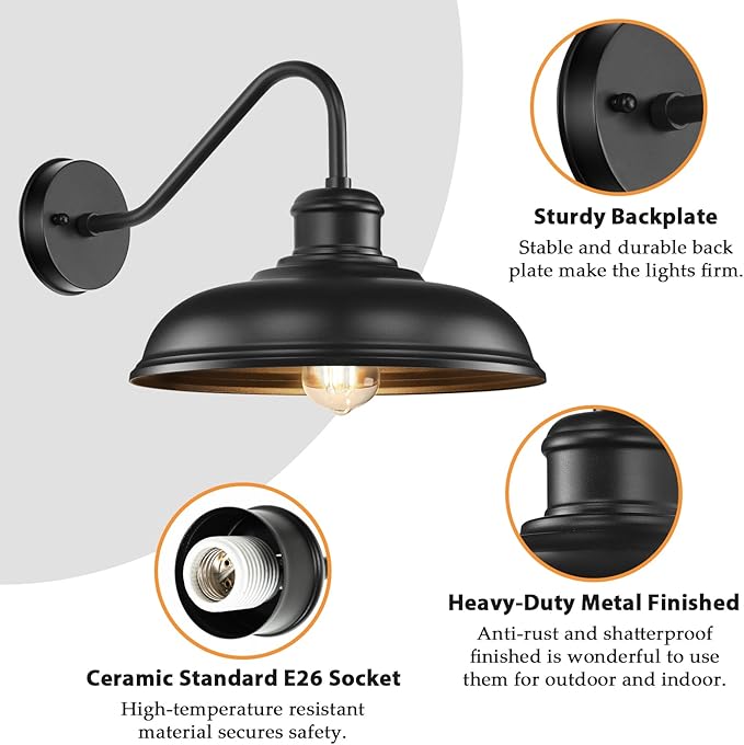 17.25” Outdoor Wall Light Fixtures 2-Pack Farmhouse Black Barn Lights Gooseneck Exterior Lighting Fixtures Wall Mounted Porch Lights Waterproof Anti-Rust Outdoor Lights for House Garage Entryway