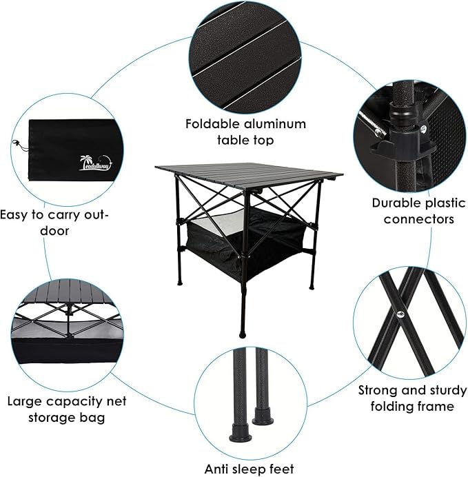 LEADALLWAY Folding Camping Table with Large Storage and Carrying Bags28x28x28inchs