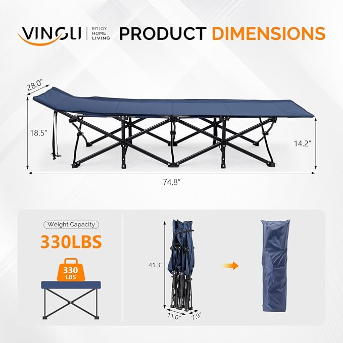 VINGLI Folding Camping Cot BedCamping Cots for Adults with Mattress Foldable Cots for Sleeping with Pillow 1200D Layer Oxford for for GuestTravelHiking-Blue 1P