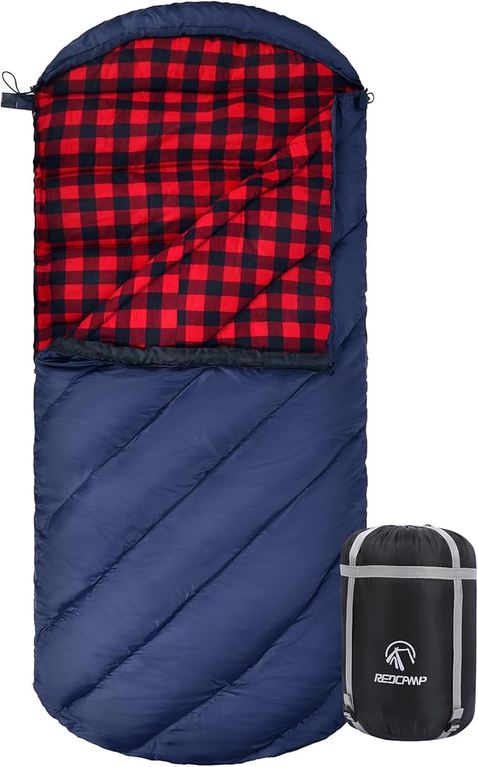 REDCAMP Flannel Sleeping Bag for Adults Comfortable Cotton Sleeping Bags for Camping with Detachable Hood Red/Grey/Blue/Black