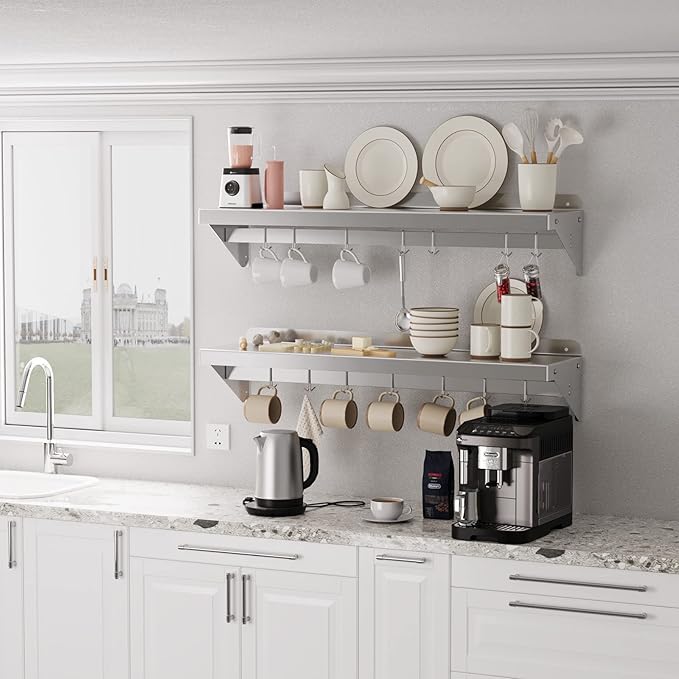 12 x 48 NSF Certified Stainless Steel Wall Mount Shelf - Multifunctional Metal Storage Rack with Backsplash and 7 Hooks