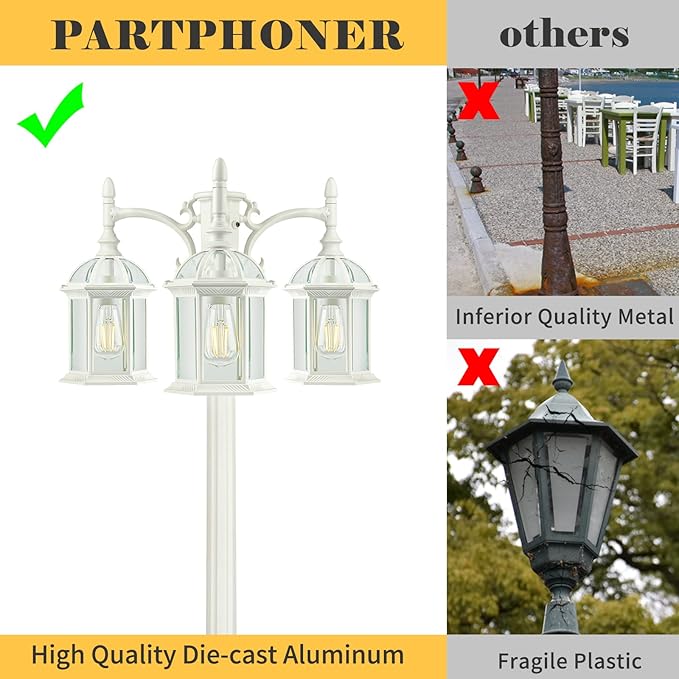 Dusk to Dawn Outdoor Lamp Post Light Birdcage 3 Head Waterproof Outside White Street Light Pole with Clear Glass Shade for Yard Garden Patio Path Driveway