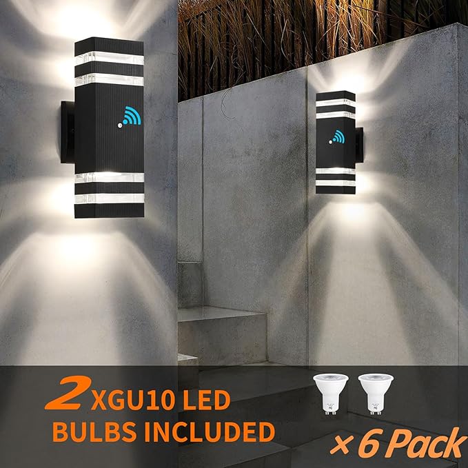 tewei 6 Pack Dusk to Dawn Outdoor Lighting Modern Black Exterior Light Fixtures 2-Layer Up and Down Outside Wall Lights IP65 Waterproof Outdoor Sconces Lighting for Porch Garage 3000K