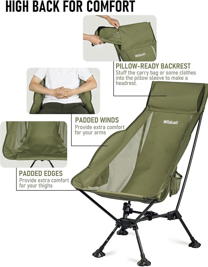 WildCall Lightweight Folding High Back Camping Chair with Head Support Compact Beach Chair with Anti-Sinking Large Feet and Three Tilt Angles Adjustment