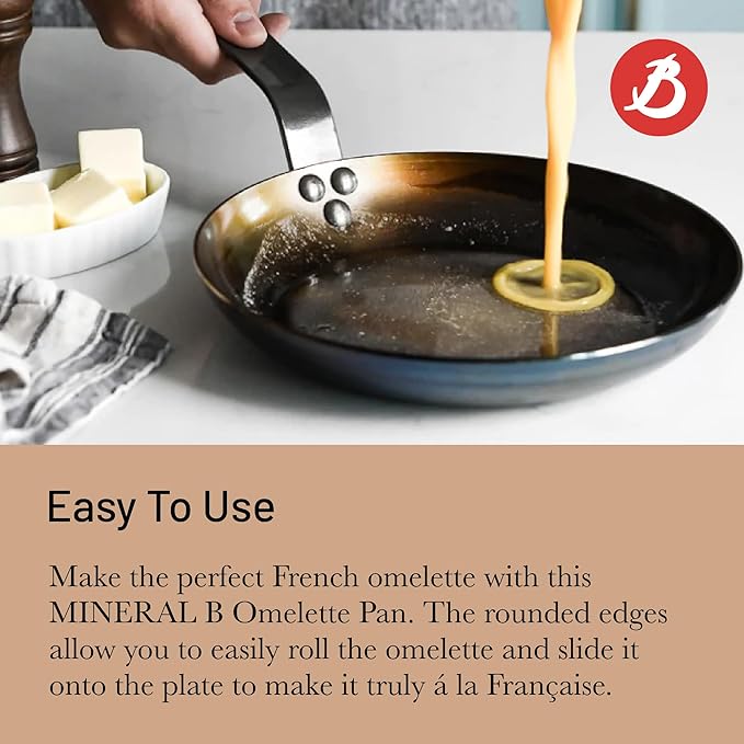 de Buyer MINERAL B Carbon Steel Omelette Pan - 11” Diameter 8.3” Cooking Surface - Naturally Non-Stick Finish - Made in France