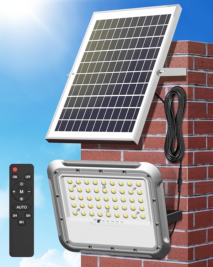 Outdoor Solar LED Flood Lights: Waterproof Security Patio Lights with Remote Control 6500K Bright Illumination Dawn to Dusk Lighting for Fence Yard Backyard Wall House