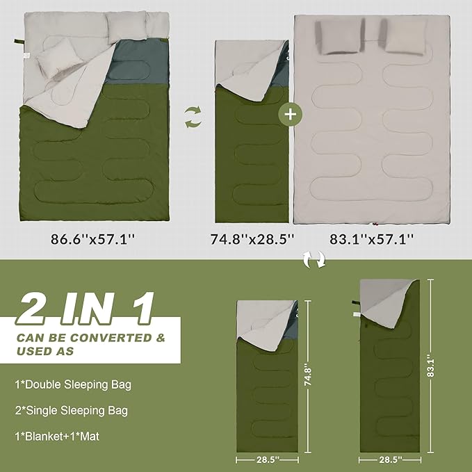 Elevon Double Sleeping Bag 2 Pillows for Adults Queen Size XL Sleeping Bag Waterproof Compact with Compression Sack 2 Person Sleeping Bags Cold Warm Weather- 3 Seasons Backpacking Hiking Travel
