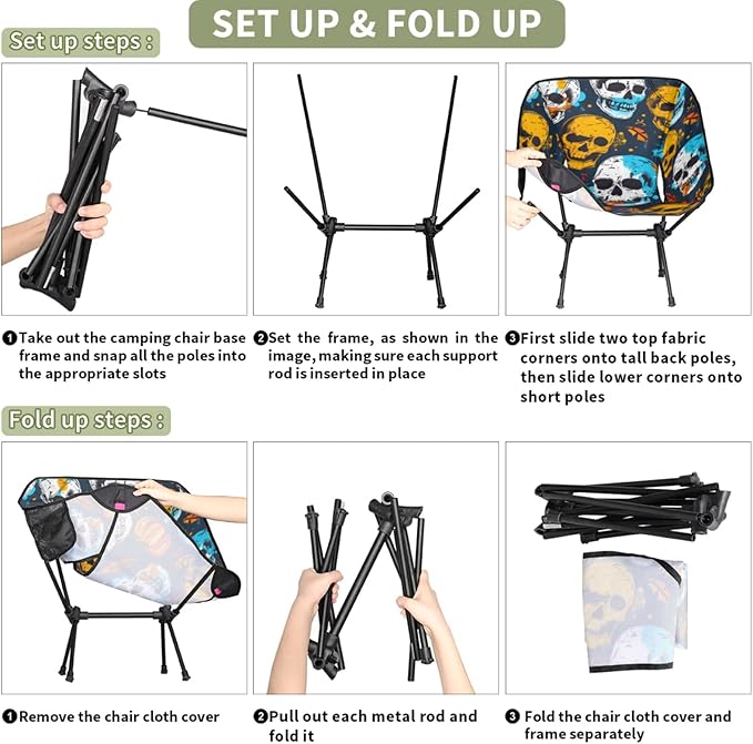 Honeybaby Folding Camping Chair Skulls Print Camping Chairs Lightweight Portable Chair Outdoor Foldable Chairs for Camping Travel Picnic Beach Hiking
